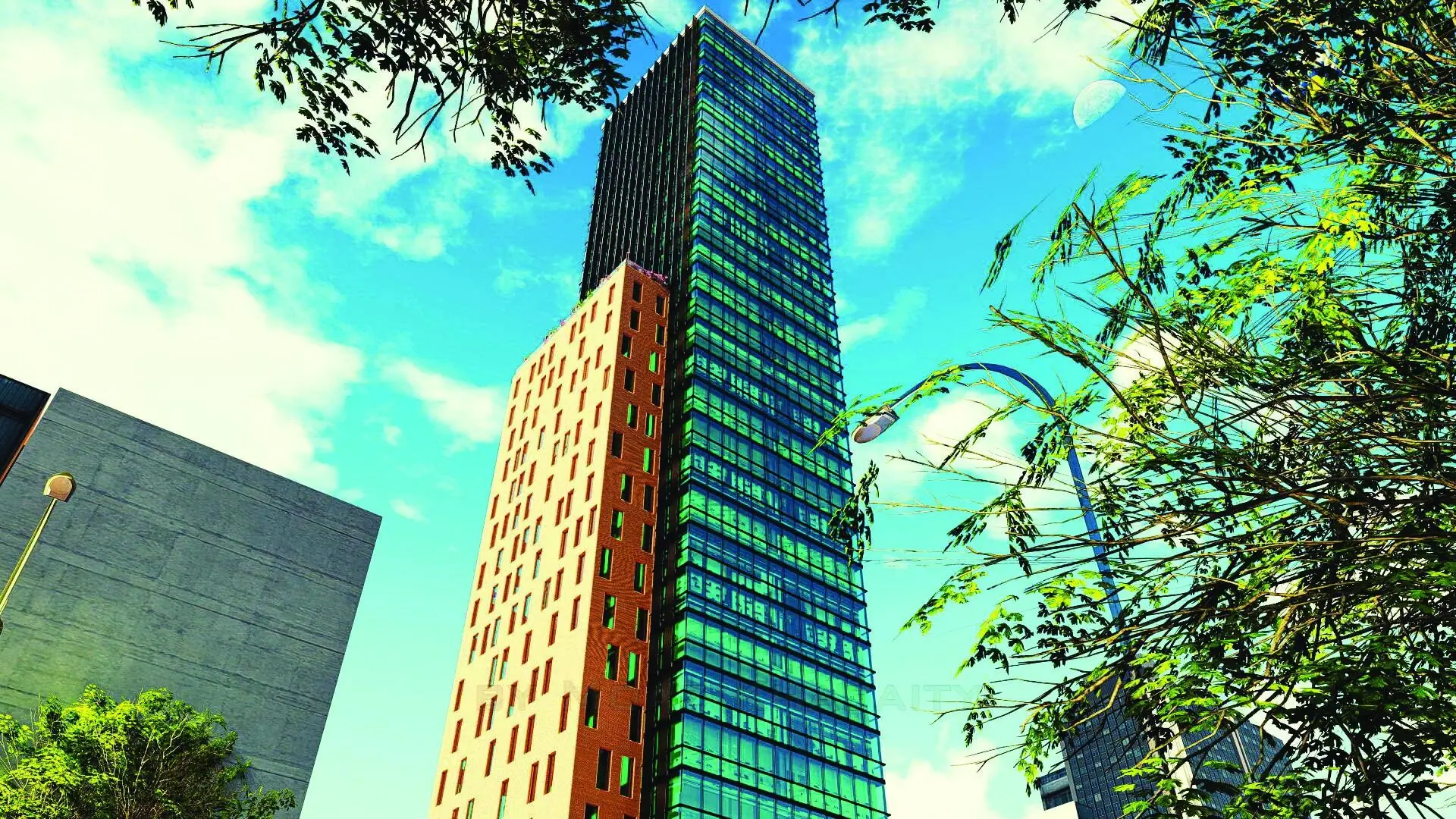 Skaya Tower glazed elevation viewed from below through foliage