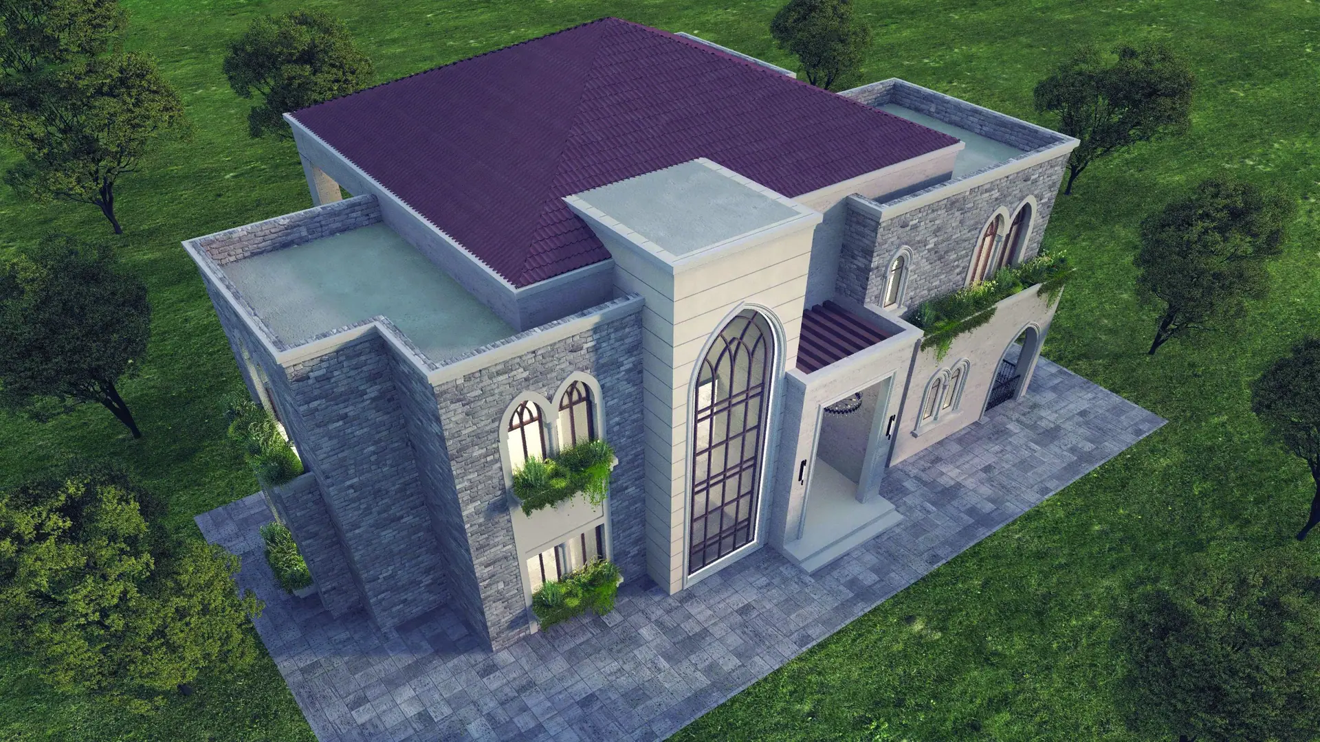 Stone villa with pool terrace set among trees — residential project visual