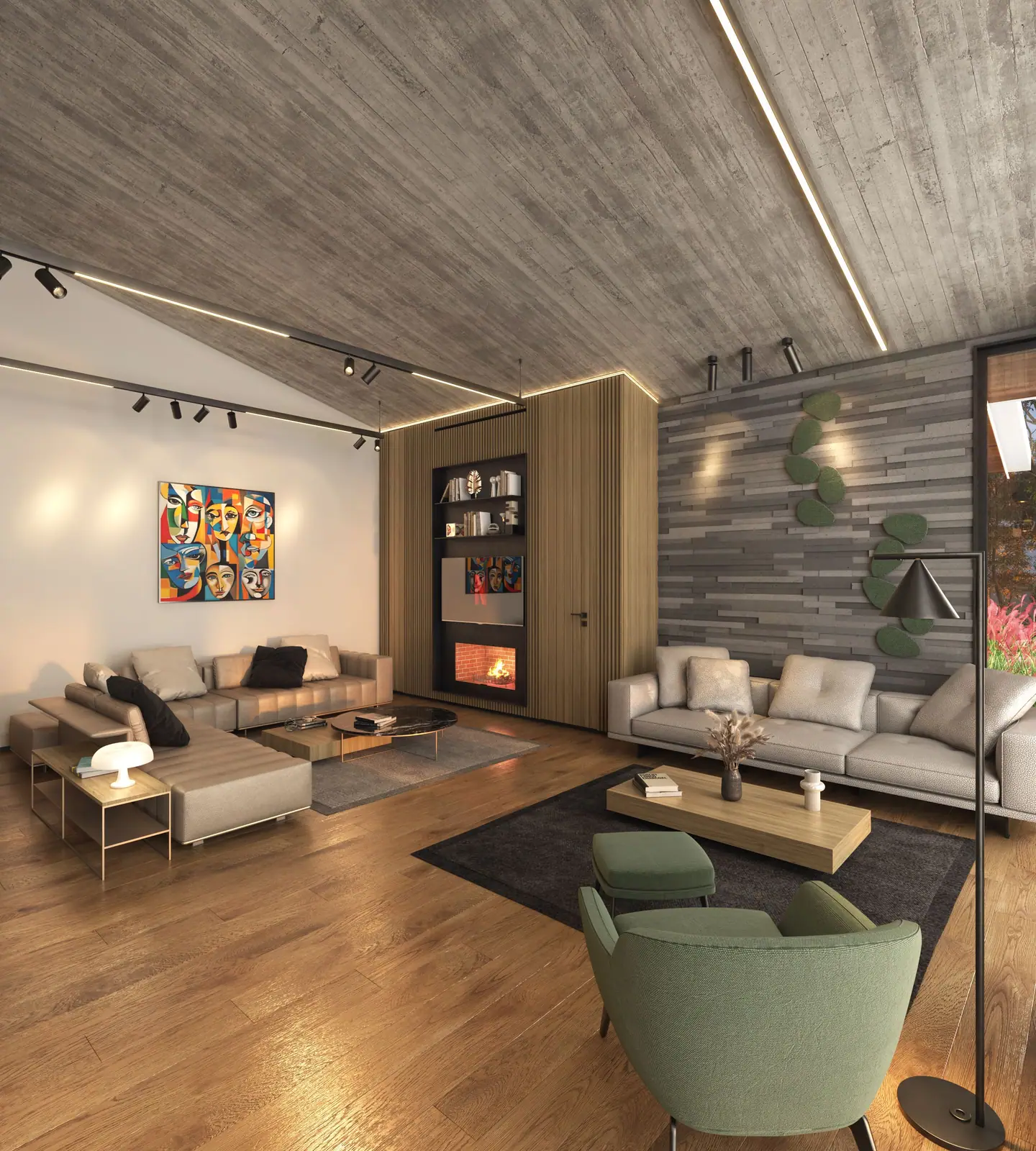 Chalet living room with exposed concrete ceiling and linear lighting