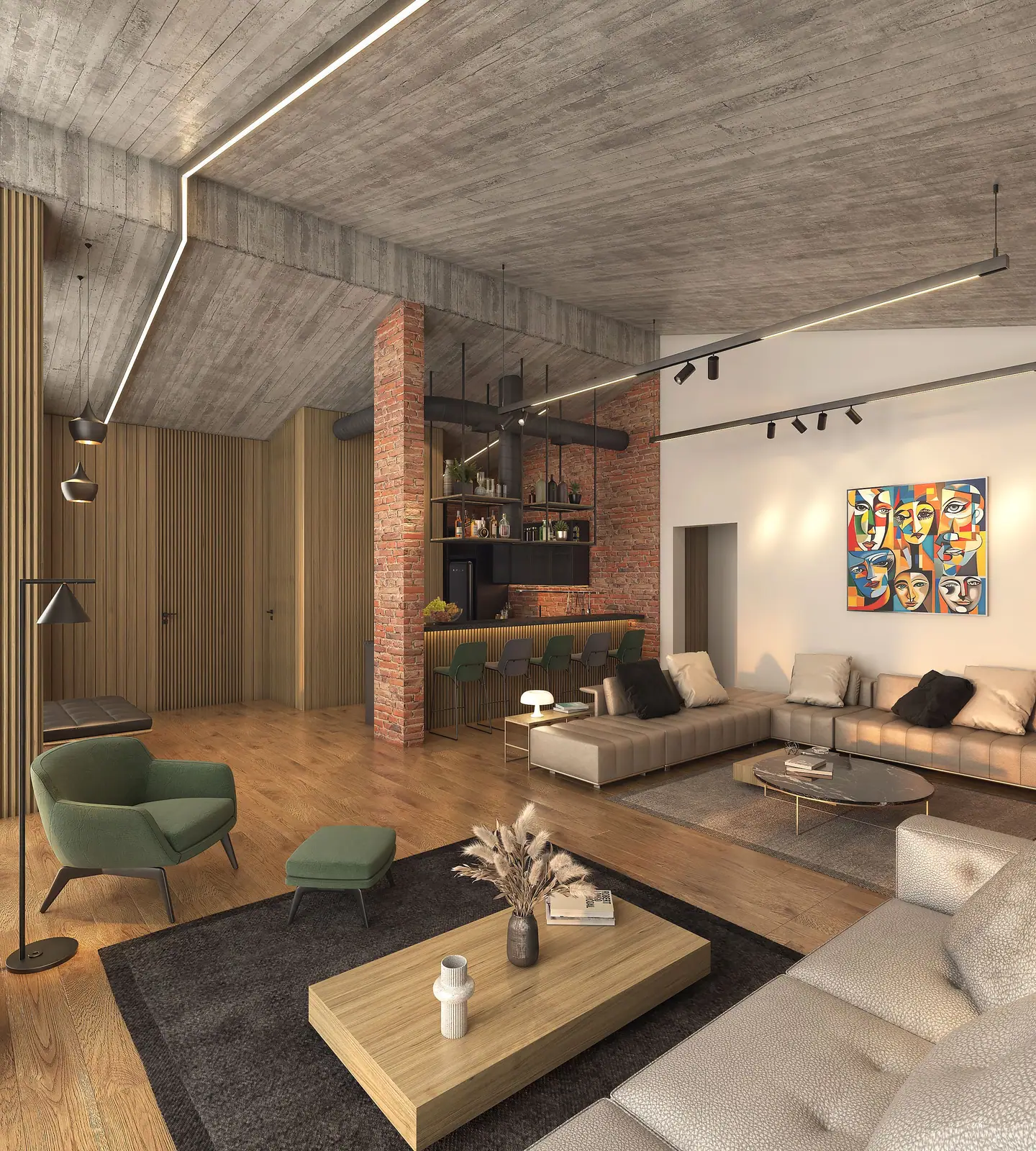 Chalet lounge interior with fireplace and timber panelling