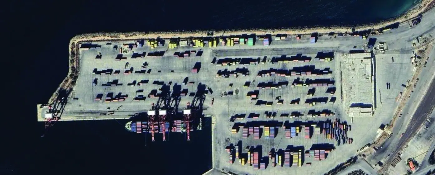 Wide aerial of the Lattakia container terminal and port approach