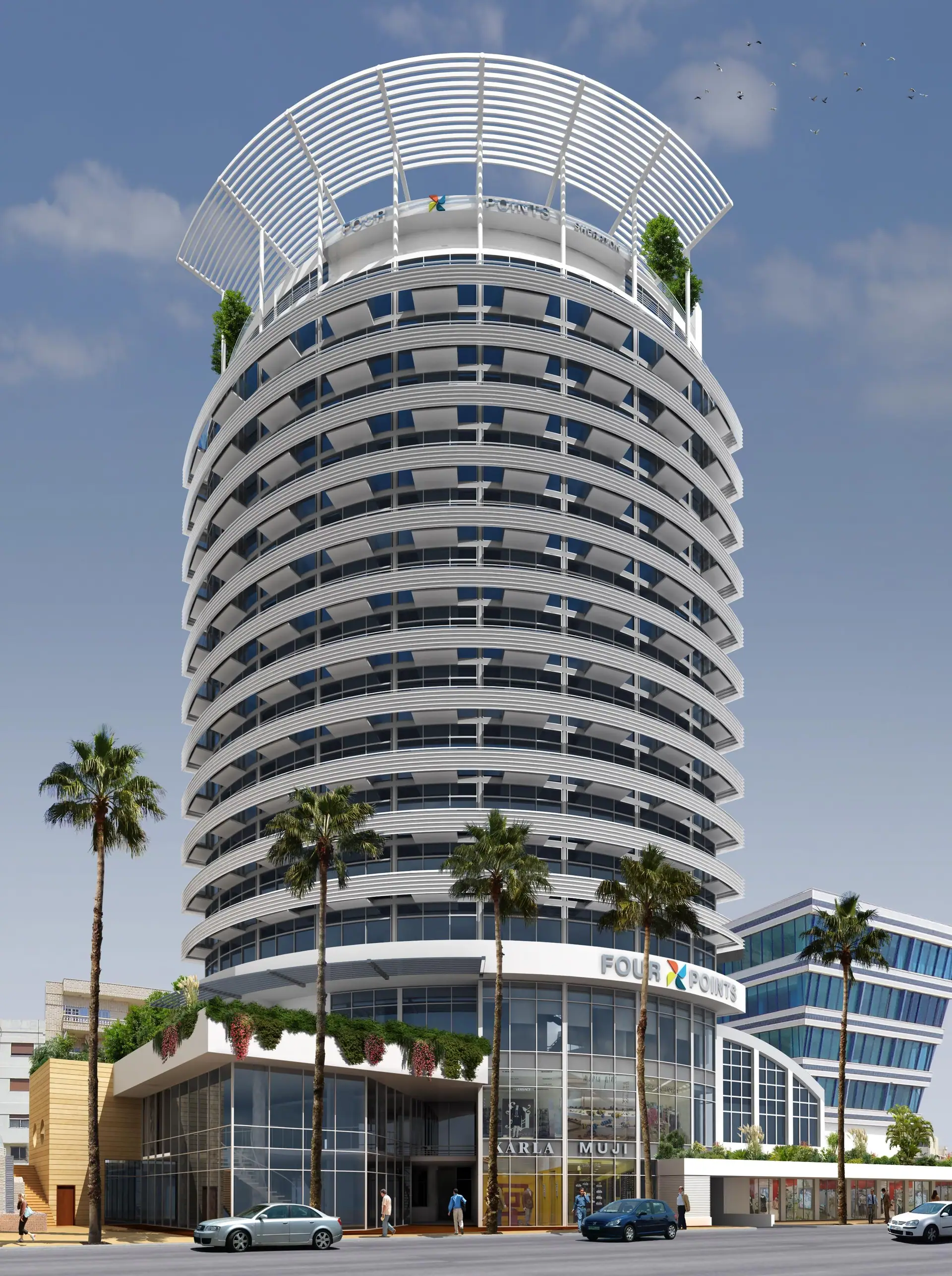 Curved high-rise hotel tower with horizontal balcony banding, Tartous