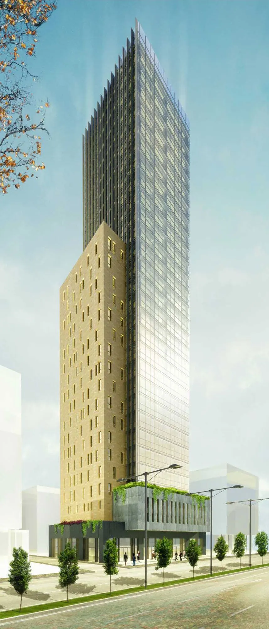 Skaya Tower — stone podium and glass shaft, street elevation