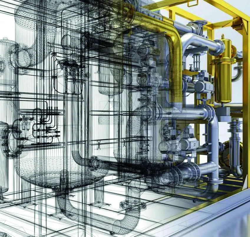 Wireframe drawing of a mechanical plant room resolving into built pipework